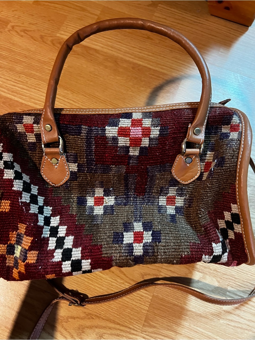 Woven Aztec Pattern Satchel Bag - Brown & Red vintage 80’s